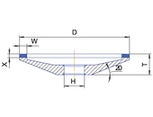 Gyémánt köszörű korong - 12A2 D150 W10 X3 H32 T20 V20°