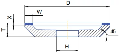 Gyémánt köszörű korong - 12A2 D100 W10 X3 H32 V45° T32